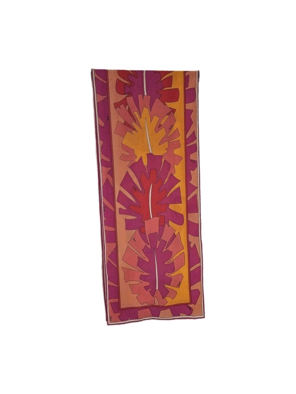 EMILIO PUCCI Beautiful Vintage Leaf Print Pink/Orang/Red Silk Scarf 60x12"